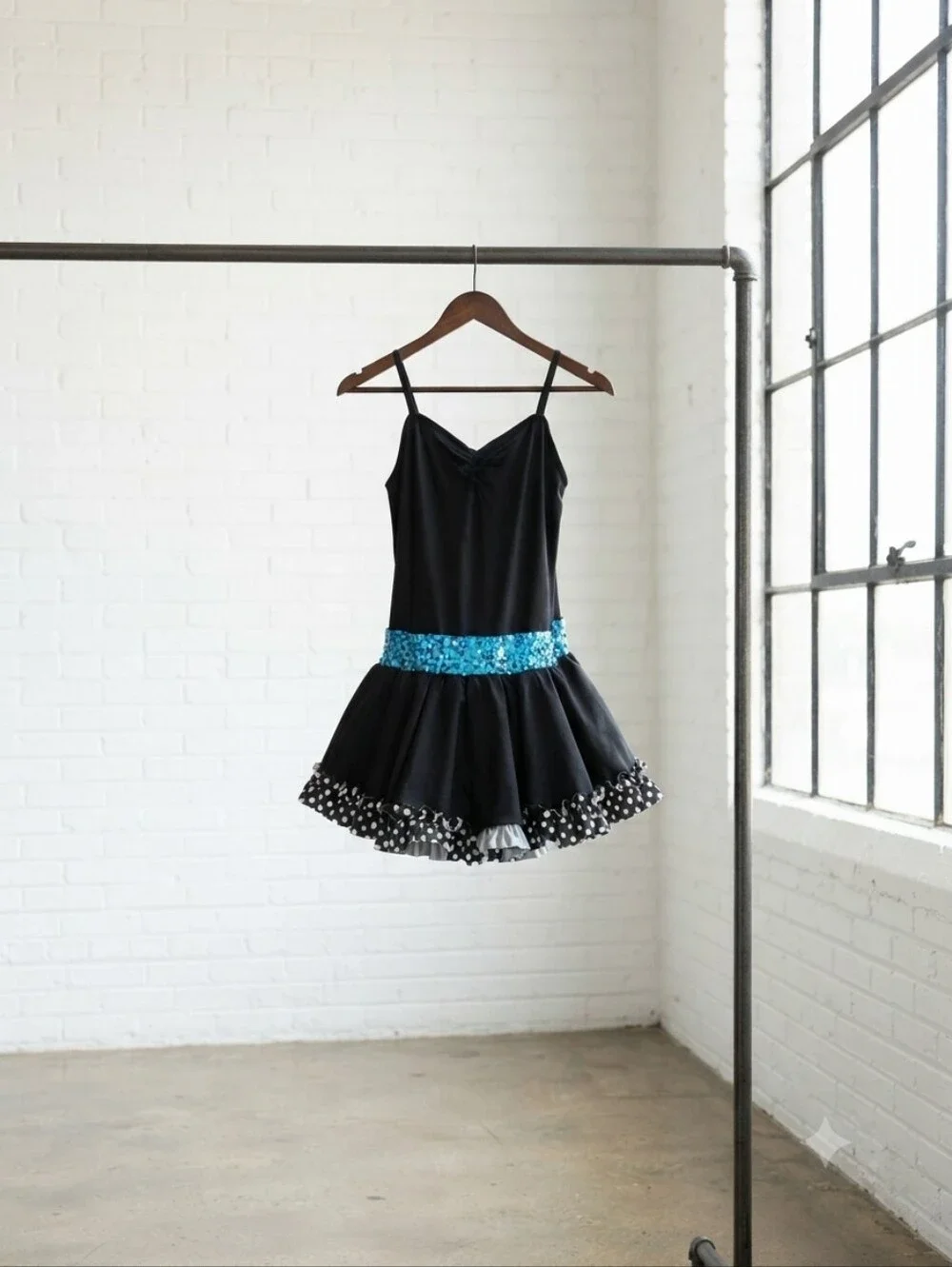 Weissman Black Dance Costume with Blue Sequin Waistband